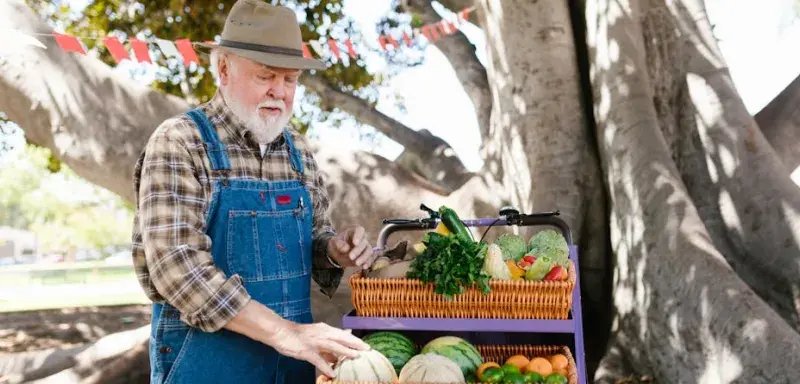 Agriculteur âgé devant un étal coloré de fruits et légumes frais sur un marché