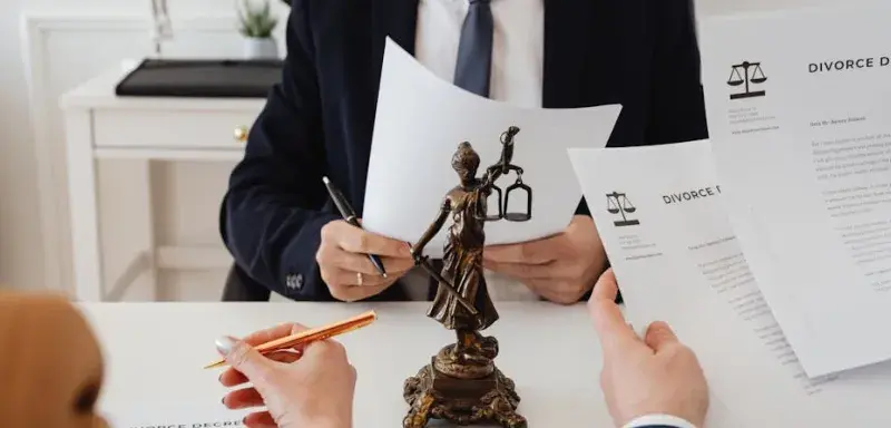 Professionnels examinant des documents dans un bureau avec une statue de la Justice