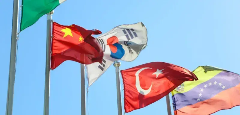 Five national flags from different countries waving on flagpoles under a clear blue sky
