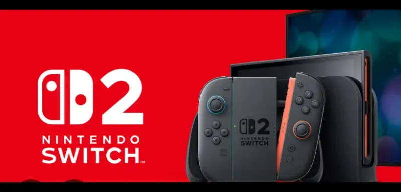 Console Nintendo Switch 2 posée sur une table, avec ses manettes Joy-Con détachées