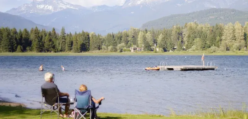 Deux personnes assises sur l'herbe face à un lac, symbolisant une retraite paisible