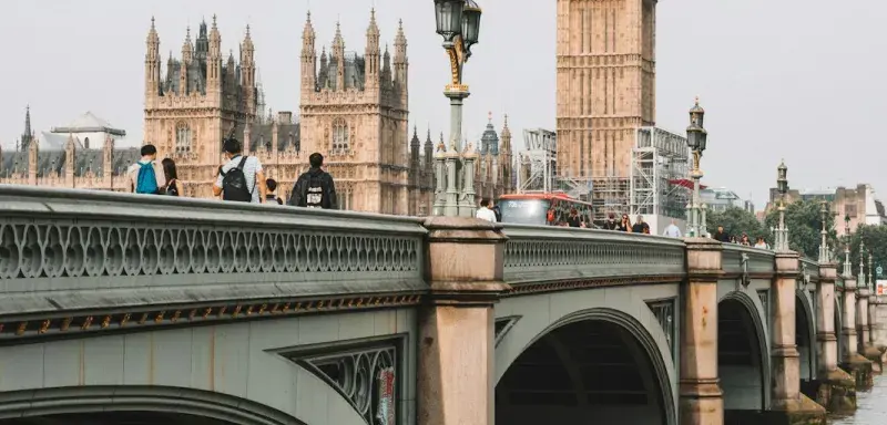 Vue du pont de Westminster et de Big Ben sous un ciel gris à Londres