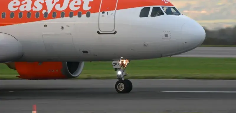 EasyJet airplane on the runway ready for departure at Bristol Airport. Side view close-up.
