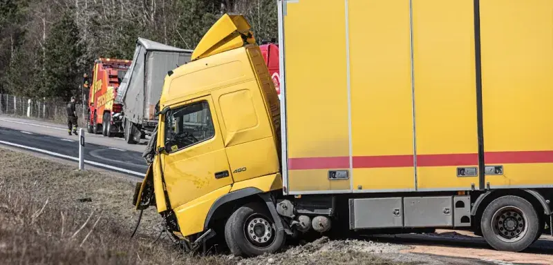 A yellow semi-truck is in a roadside accident.