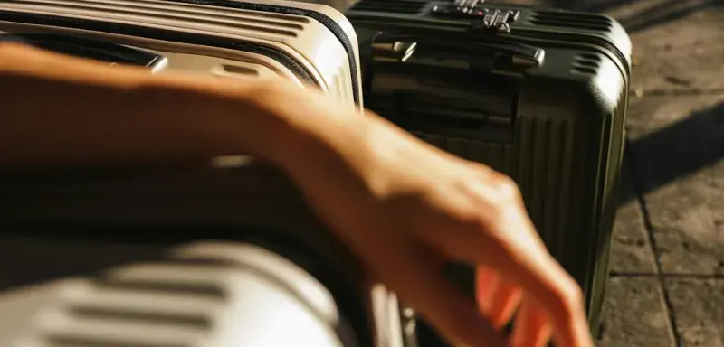 a hand is reaching for a piece of luggage