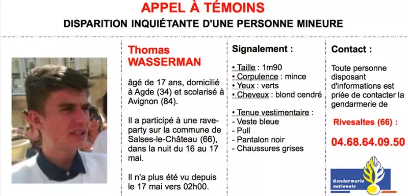 Thomas n'a plus été vu depuis le 17 mai, 2h, alors qu'il participait à une rave-party dans les Pyrénées-Orientales en Languedoc-Roussillon.