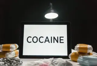 Tablette affichant le mot Cocaine entourée de paquets emballés dans un décor sombre