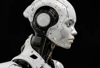 Robot humanoïde blanc sur fond noir illustrant l'IA physique