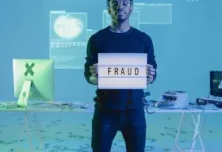 Young man holding a 'fraud' sign in a tech-focused setting with digital and cash elements.