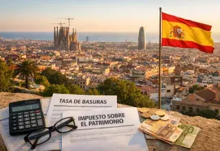 Vue de Barcelone au coucher du soleil avec documents fiscaux, euros et drapeau espagnol évoquant les nouvelles taxes en Espagne.