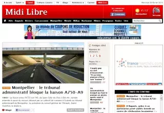 Midi Libre a reconnu avoir été piraté cet après-midi, mais ne donne pas plus d'informations à la Une de son site internet... (Capture d'écran)